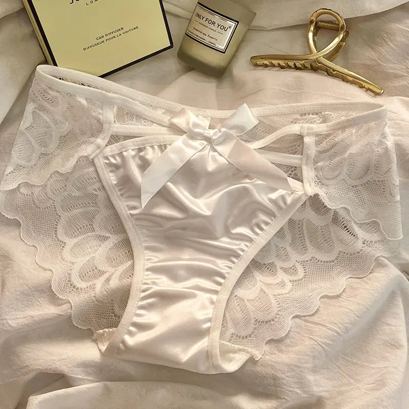 Angelic Wings ~ French Satin Panties for Ladies with Butterfly Knot Lace Sensual Breathable Soft Teen Triangle Brief Alice Thong