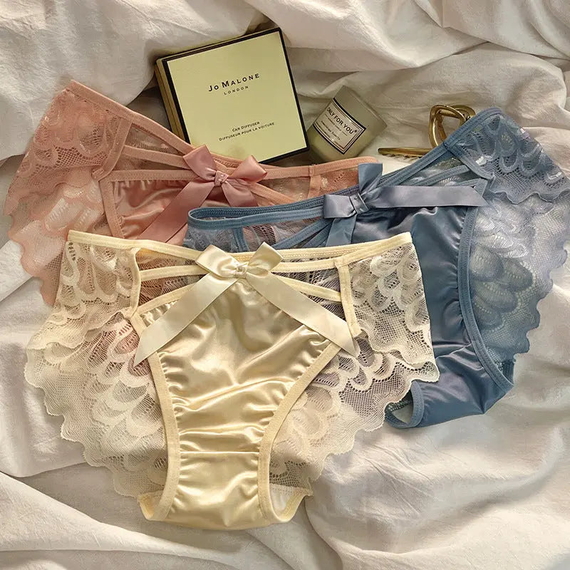 Angelic Wings ~ French Satin Panties for Ladies with Butterfly Knot Lace Sensual Breathable Soft Teen Triangle Brief Alice Thong