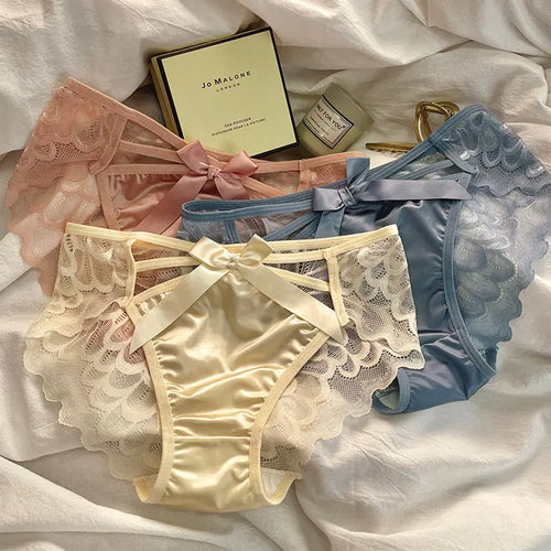 Angelic Wings ~ French Satin Panties for Ladies with Butterfly Knot Lace Sensual Breathable Soft Teen Triangle Brief Alice Thong