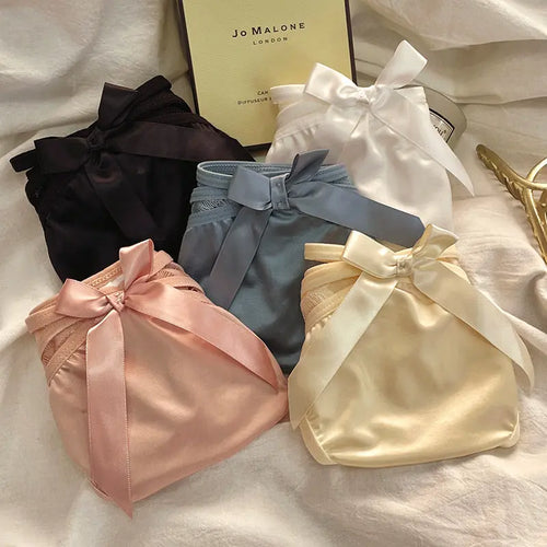 Angelic Wings ~ French Satin Panties for Ladies with Butterfly Knot Lace Sensual Breathable Soft Teen Triangle Brief Alice Thong