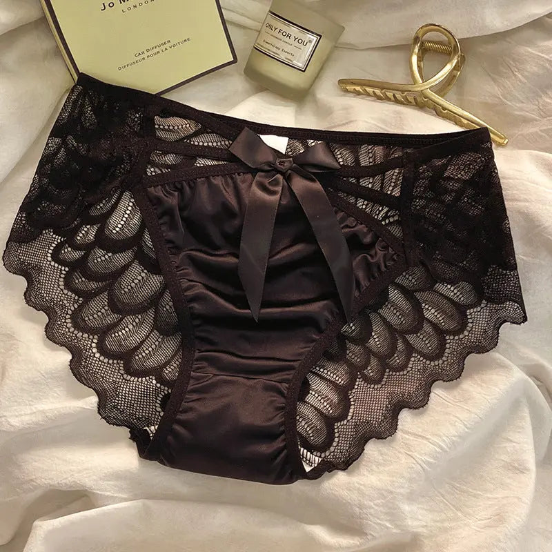 Angelic Wings ~ French Satin Panties for Ladies with Butterfly Knot Lace Sensual Breathable Soft Teen Triangle Brief Alice Thong