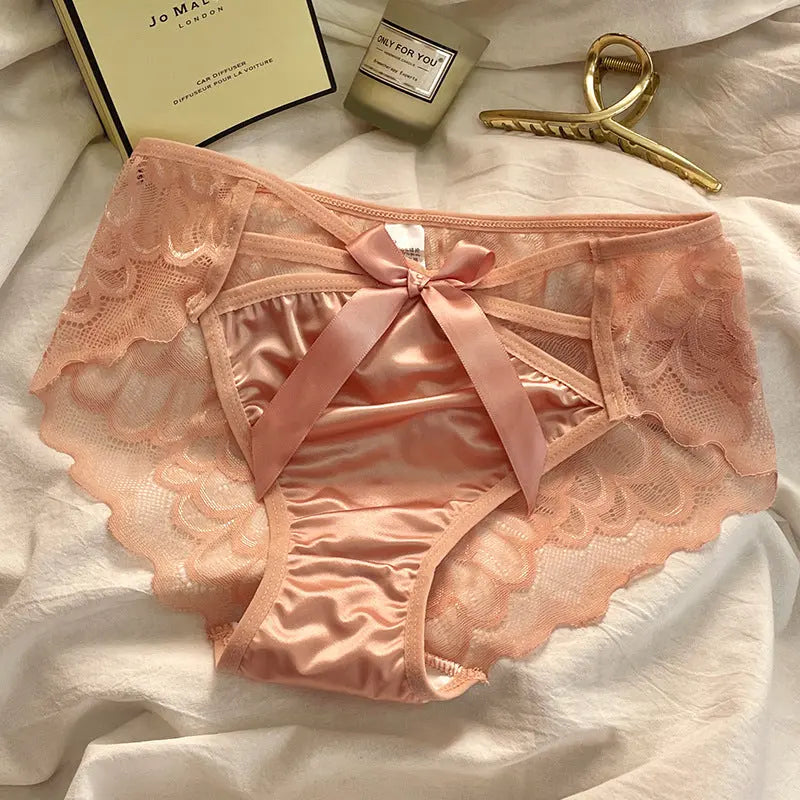 Angelic Wings ~ French Satin Panties for Ladies with Butterfly Knot Lace Sensual Breathable Soft Teen Triangle Brief Alice Thong