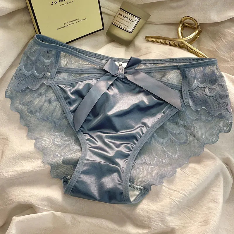Angelic Wings ~ French Satin Panties for Ladies with Butterfly Knot Lace Sensual Breathable Soft Teen Triangle Brief Alice Thong