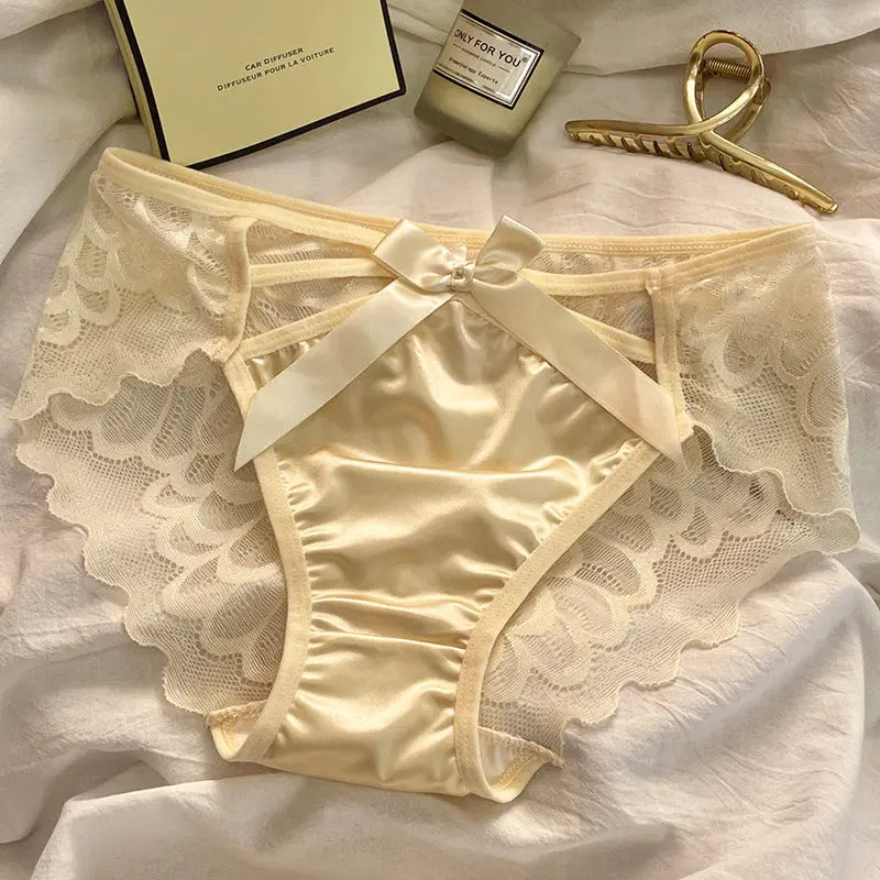 Angelic Wings ~ French Satin Panties for Ladies with Butterfly Knot Lace Sensual Breathable Soft Teen Triangle Brief Alice Thong