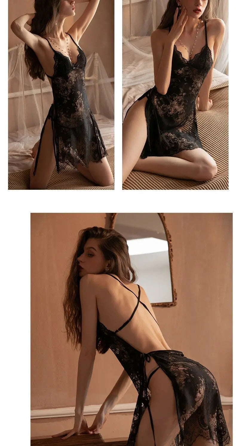 Dating suspender sexy lingerie sexy small breasts backless nightdress lace mesh cutout seduction see-through no-take pajama woman Alice Thong