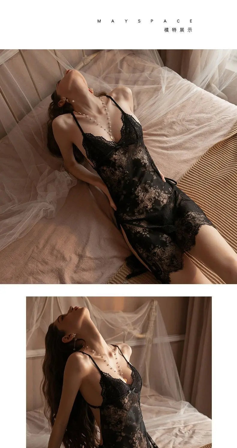 Dating suspender sexy lingerie sexy small breasts backless nightdress lace mesh cutout seduction see-through no-take pajama woman Alice Thong