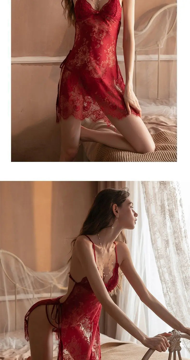 Dating suspender sexy lingerie sexy small breasts backless nightdress lace mesh cutout seduction see-through no-take pajama woman Alice Thong
