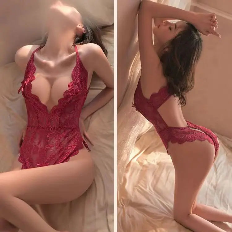 Erotic lingerie temptation pajamas lace suit crotch pants stripless jumpsuit transparent pure desire suspender plus size sexy woman Alice Thong