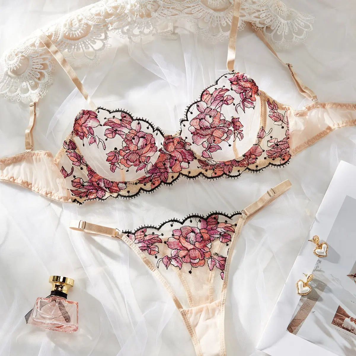 European and American 2025 new hot style mesh multi-color embroidery perspective temptation sexy lingerie suit for women Alice Thong
