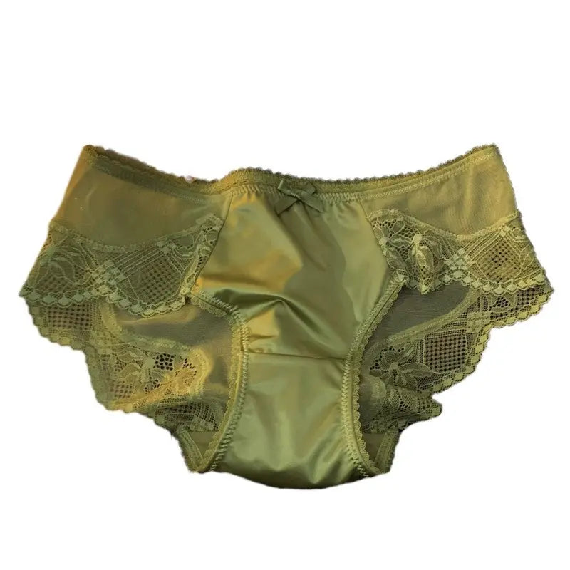 French Retro Satin Lace Panties Feminine Hollow Embroidery Transparent Mesh Mid-Waist Hip Package Alice Thong