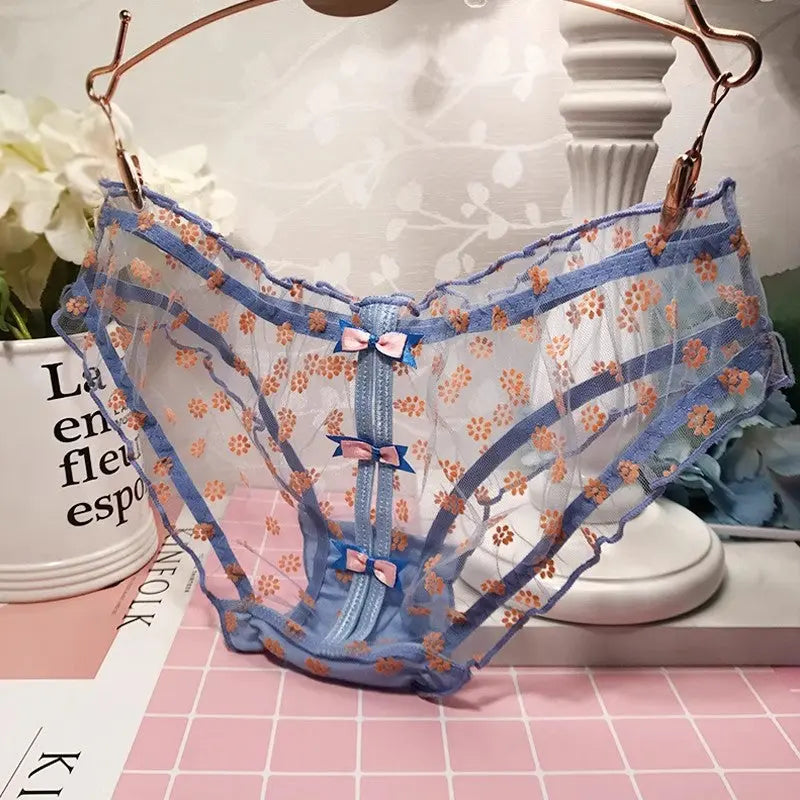 Girls sweet and cute bow transparent pleated mesh lace sexy hollow panties Alice Thong