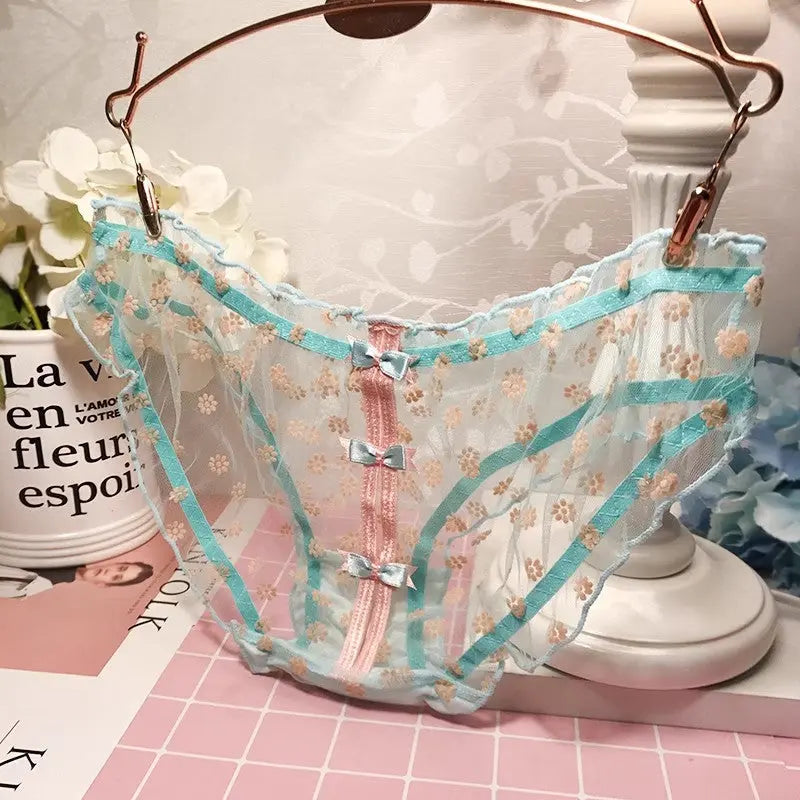 Girls sweet and cute bow transparent pleated mesh lace sexy hollow panties Alice Thong