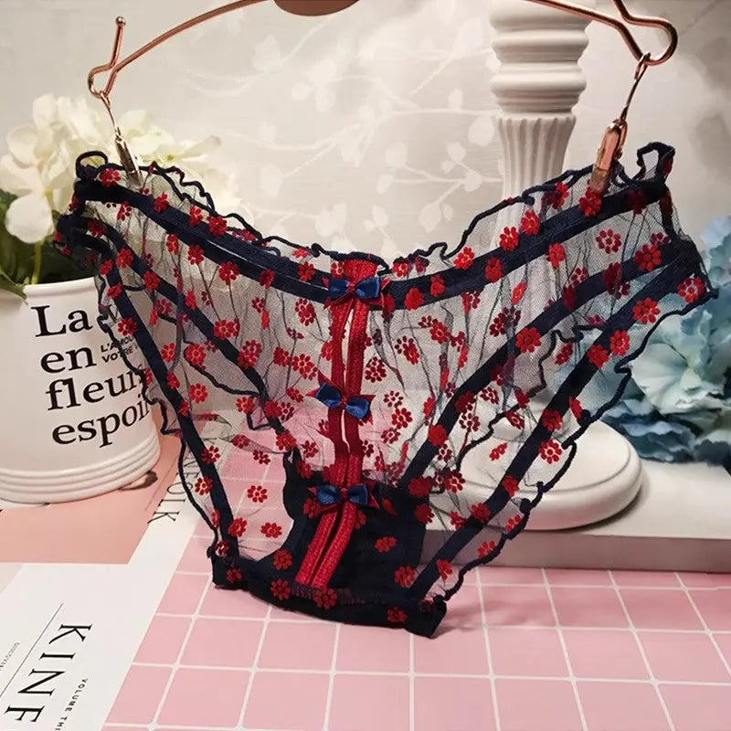 Girls sweet and cute bow transparent pleated mesh lace sexy hollow panties Alice Thong
