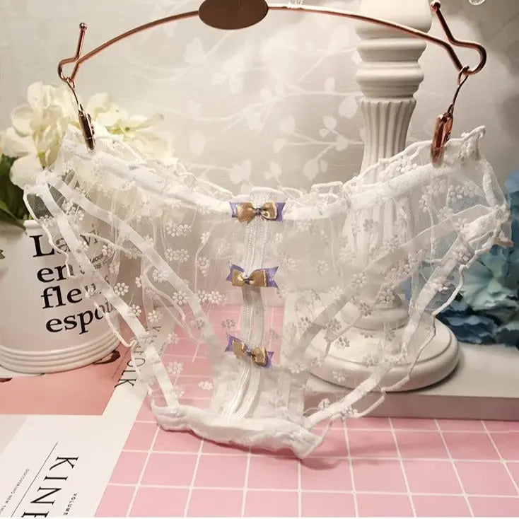 Girls sweet and cute bow transparent pleated mesh lace sexy hollow panties Alice Thong