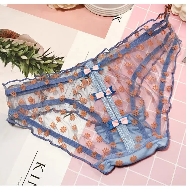 Girls sweet and cute bow transparent pleated mesh lace sexy hollow panties Alice Thong