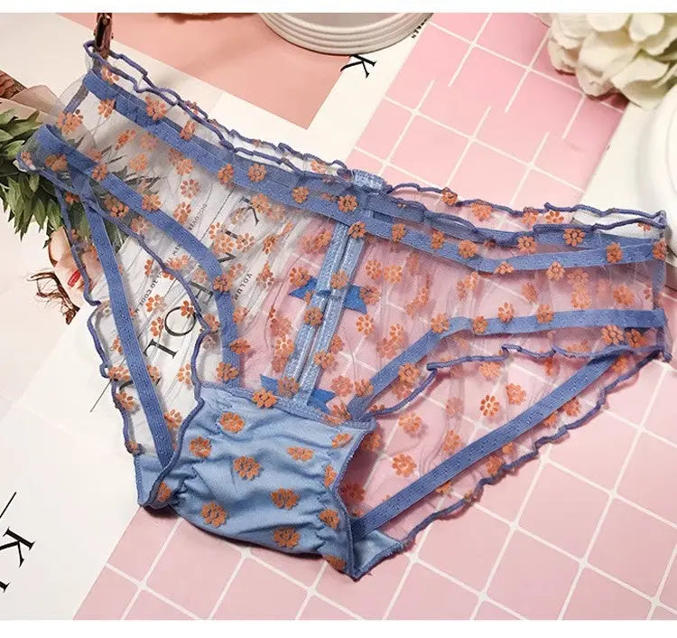 Girls sweet and cute bow transparent pleated mesh lace sexy hollow panties Alice Thong