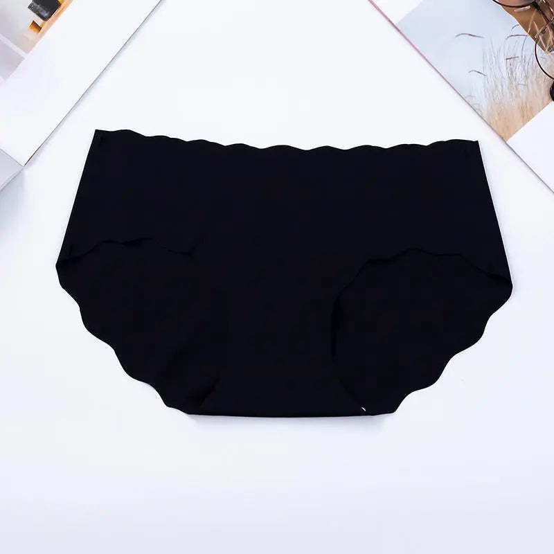 Ice silk seamless wavy edge one-piece non-indentation polyester solid color women's underwear double-layer crotch mid-waist briefs Alice Thong