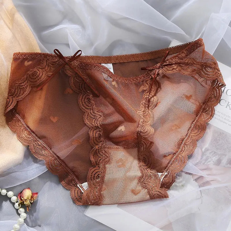 Japanese cute mesh low waist transparent lace panties for women sweet girl bow solid color perspective briefs Alice Thong