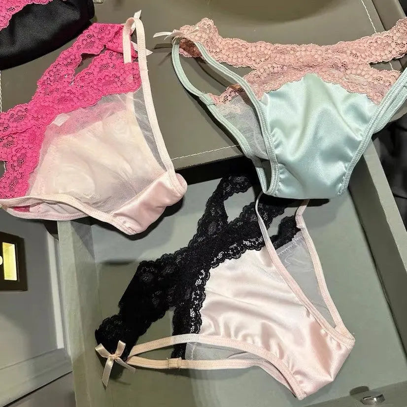 Lace underwear women's low-waist hot girl pure desire style bow sexy mesh semi-transparent temptation ladies triangle briefs Alice Thong