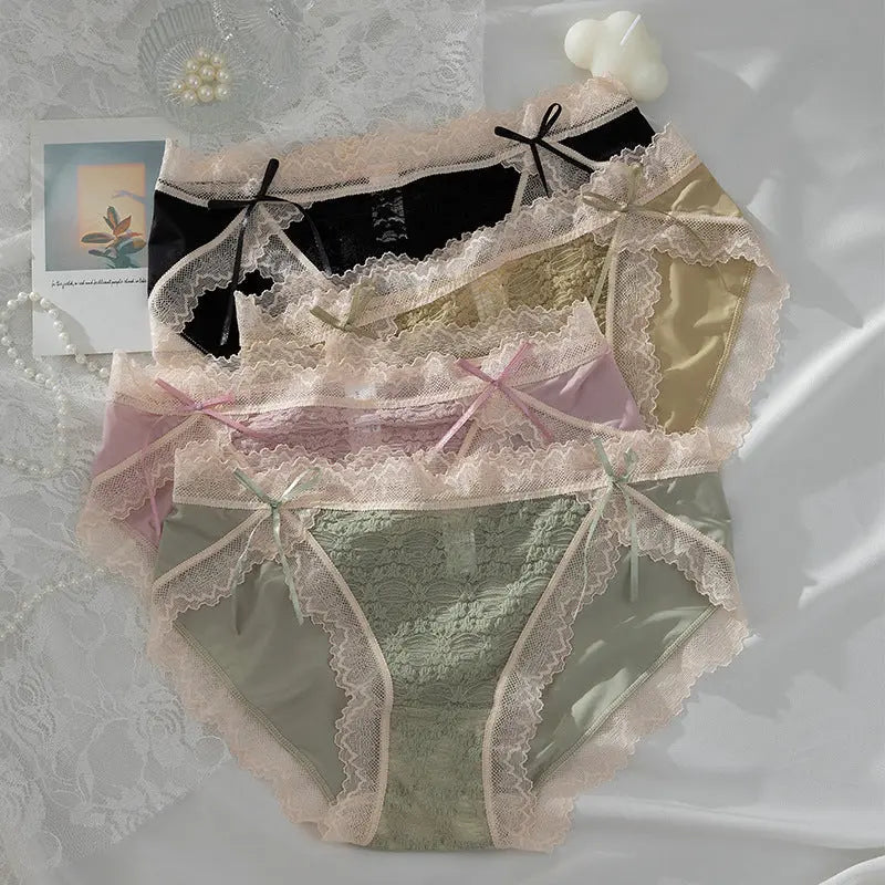 Meiji's new product, split lace jacquard panties for women, double bowknot breathable hip-lifting briefs for girls, mid-waist Alice Thong