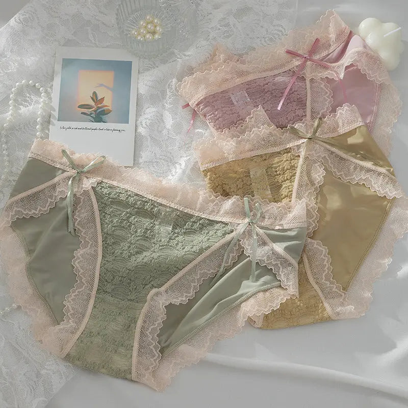 Meiji's new product, split lace jacquard panties for women, double bowknot breathable hip-lifting briefs for girls, mid-waist Alice Thong