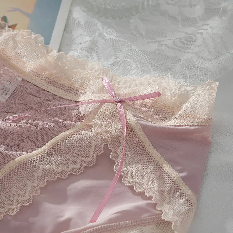 Meiji's new product, split lace jacquard panties for women, double bowknot breathable hip-lifting briefs for girls, mid-waist Alice Thong