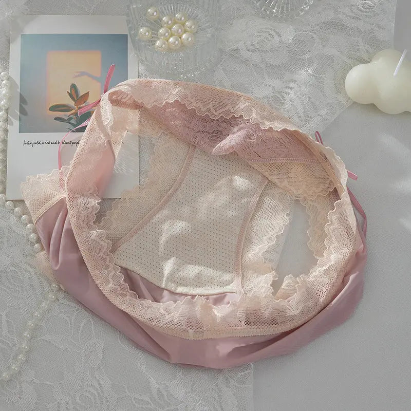 Meiji's new product, split lace jacquard panties for women, double bowknot breathable hip-lifting briefs for girls, mid-waist Alice Thong