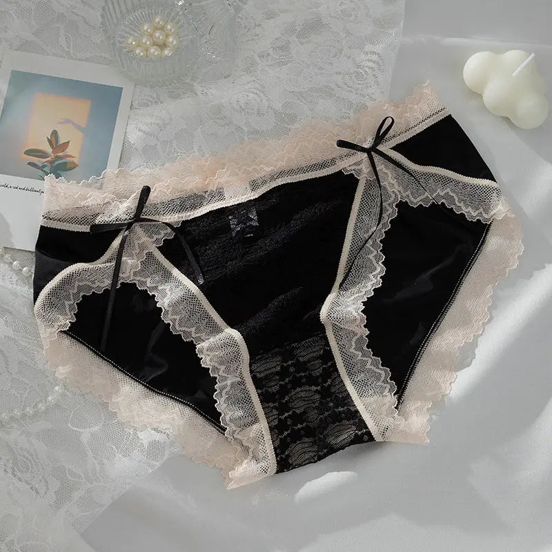 Meiji's new product, split lace jacquard panties for women, double bowknot breathable hip-lifting briefs for girls, mid-waist Alice Thong