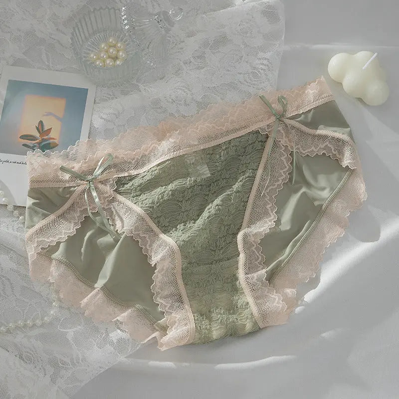 Meiji's new product, split lace jacquard panties for women, double bowknot breathable hip-lifting briefs for girls, mid-waist Alice Thong