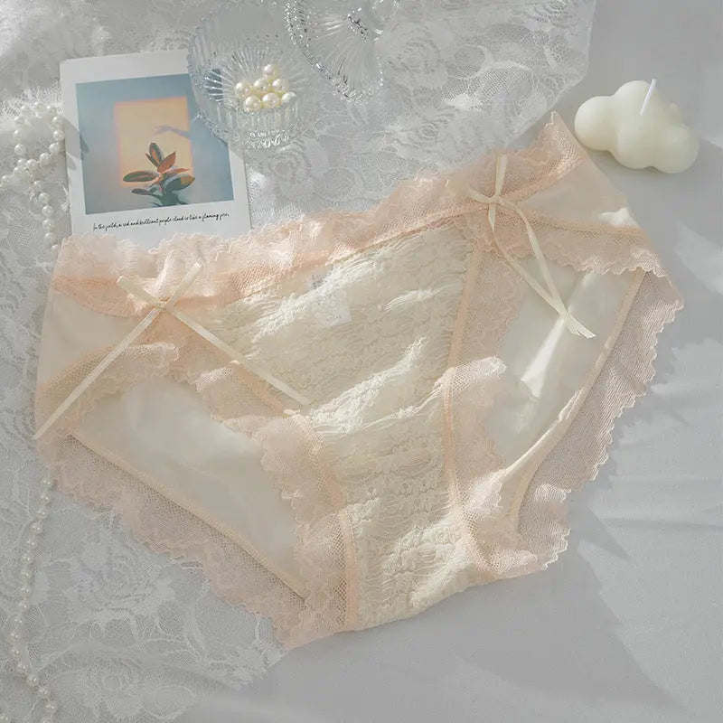 Meiji's new product, split lace jacquard panties for women, double bowknot breathable hip-lifting briefs for girls, mid-waist Alice Thong