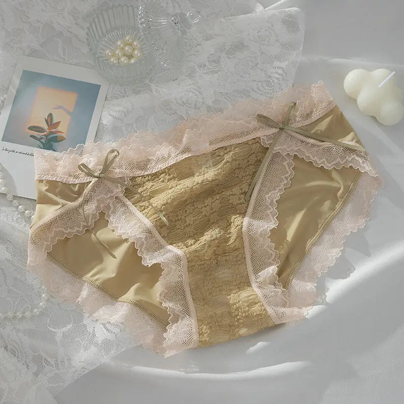 Meiji's new product, split lace jacquard panties for women, double bowknot breathable hip-lifting briefs for girls, mid-waist Alice Thong