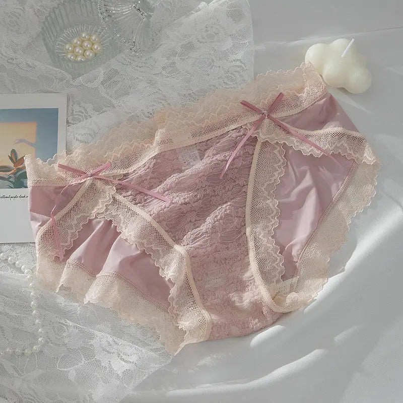 Meiji's new product, split lace jacquard panties for women, double bowknot breathable hip-lifting briefs for girls, mid-waist Alice Thong