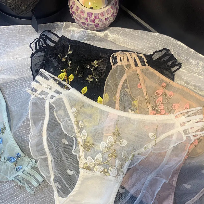 National style embroidered underwear women's new Chinese style sexy glass silk sheer mesh comfortable seduction lace briefs Alice Thong