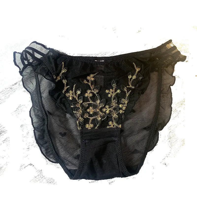 National style embroidered underwear women's new Chinese style sexy glass silk sheer mesh comfortable seduction lace briefs Alice Thong