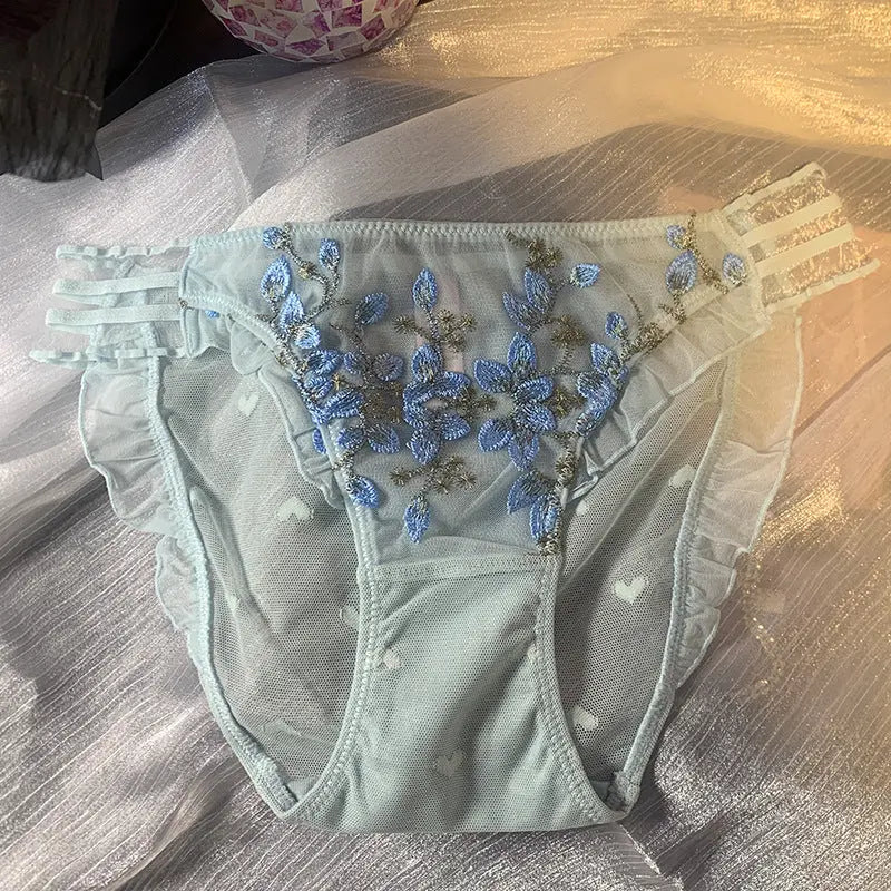 National style embroidered underwear women's new Chinese style sexy glass silk sheer mesh comfortable seduction lace briefs Alice Thong