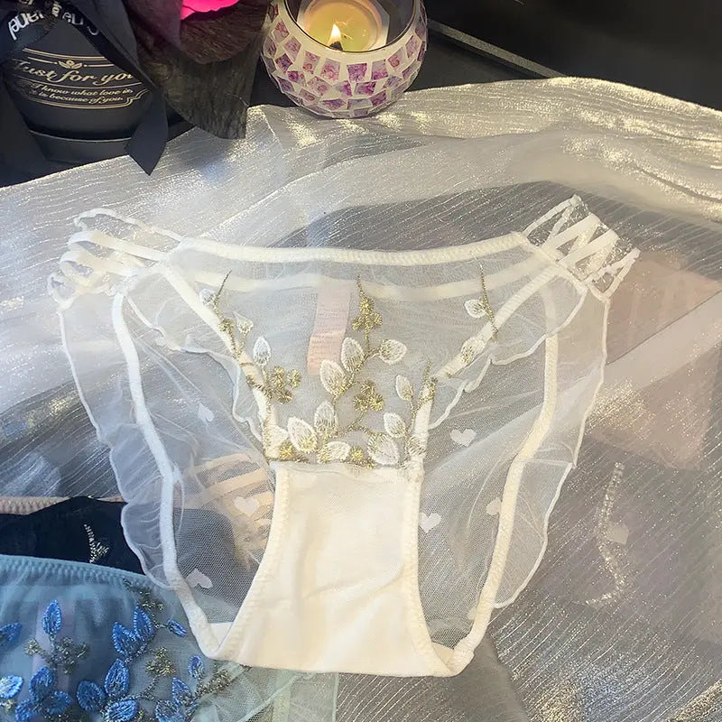National style embroidered underwear women's new Chinese style sexy glass silk sheer mesh comfortable seduction lace briefs Alice Thong