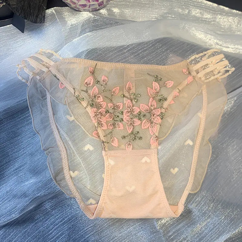 National style embroidered underwear women's new Chinese style sexy glass silk sheer mesh comfortable seduction lace briefs Alice Thong