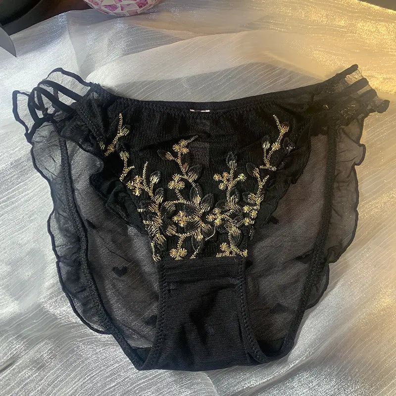 National style embroidered underwear women's new Chinese style sexy glass silk sheer mesh comfortable seduction lace briefs Alice Thong