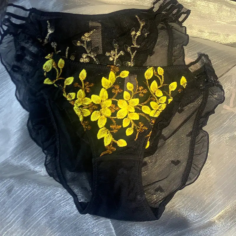 National style embroidered underwear women's new Chinese style sexy glass silk sheer mesh comfortable seduction lace briefs Alice Thong