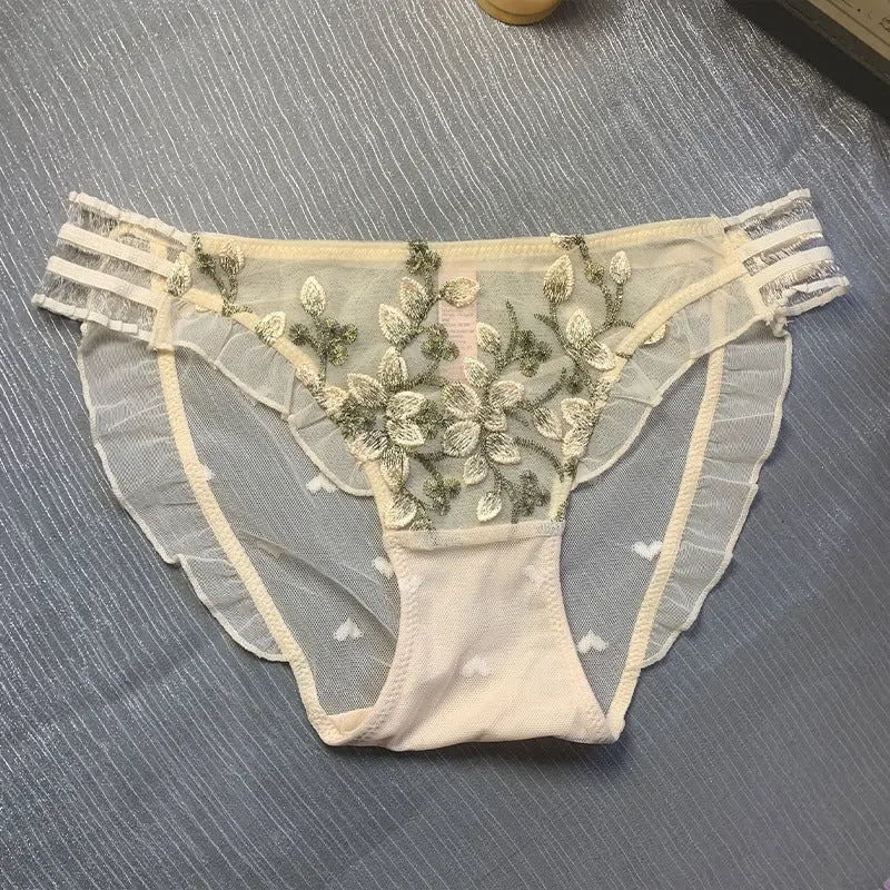 National style embroidered underwear women's new Chinese style sexy glass silk sheer mesh comfortable seduction lace briefs Alice Thong