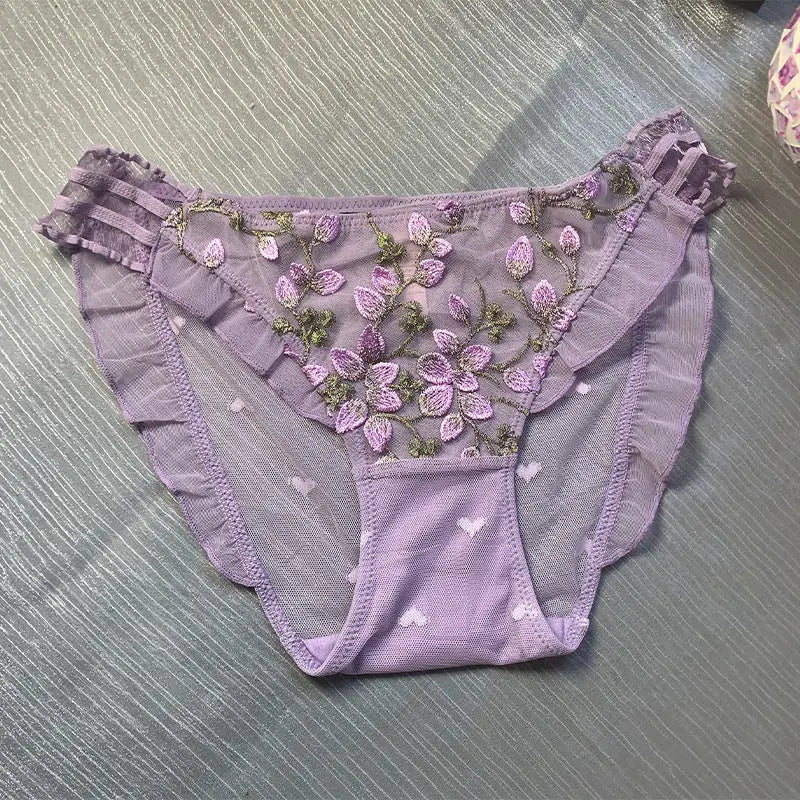 National style embroidered underwear women's new Chinese style sexy glass silk sheer mesh comfortable seduction lace briefs Alice Thong