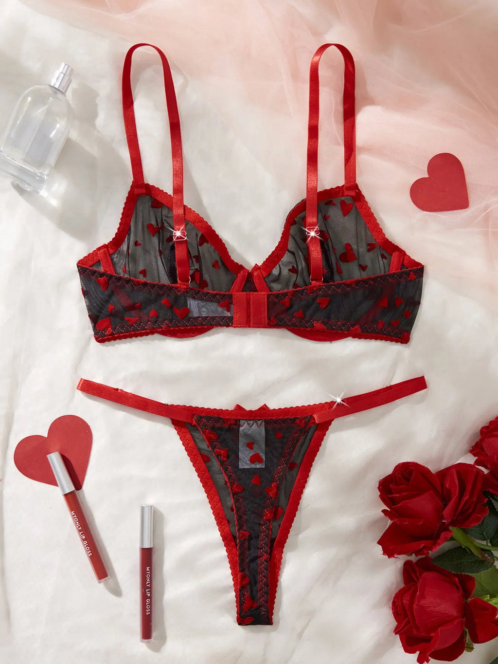 New European and American sexy lingerie black love mesh see-through pure temptation Valentine's Day sexy suit Alice Thong