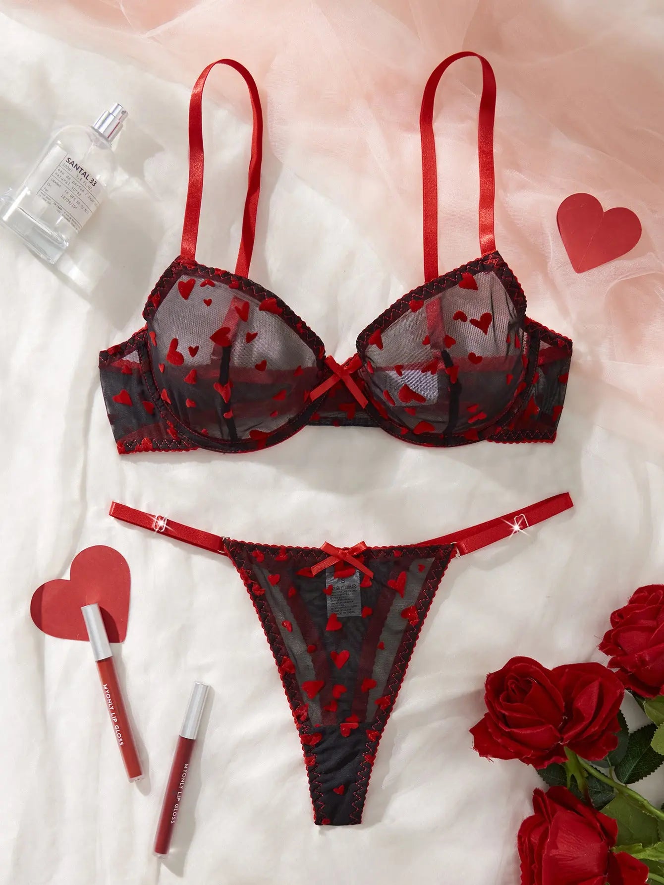 New European and American sexy lingerie black love mesh see-through pure temptation Valentine's Day sexy suit Alice Thong