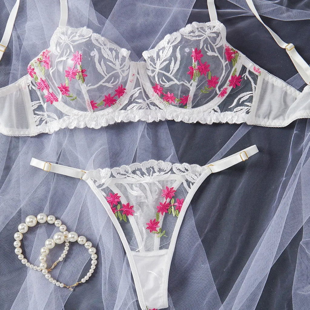 New European and American source sexy lingerie set pure desire series see-through gathered bra three-point panties mesh dress for women Alice Thong
