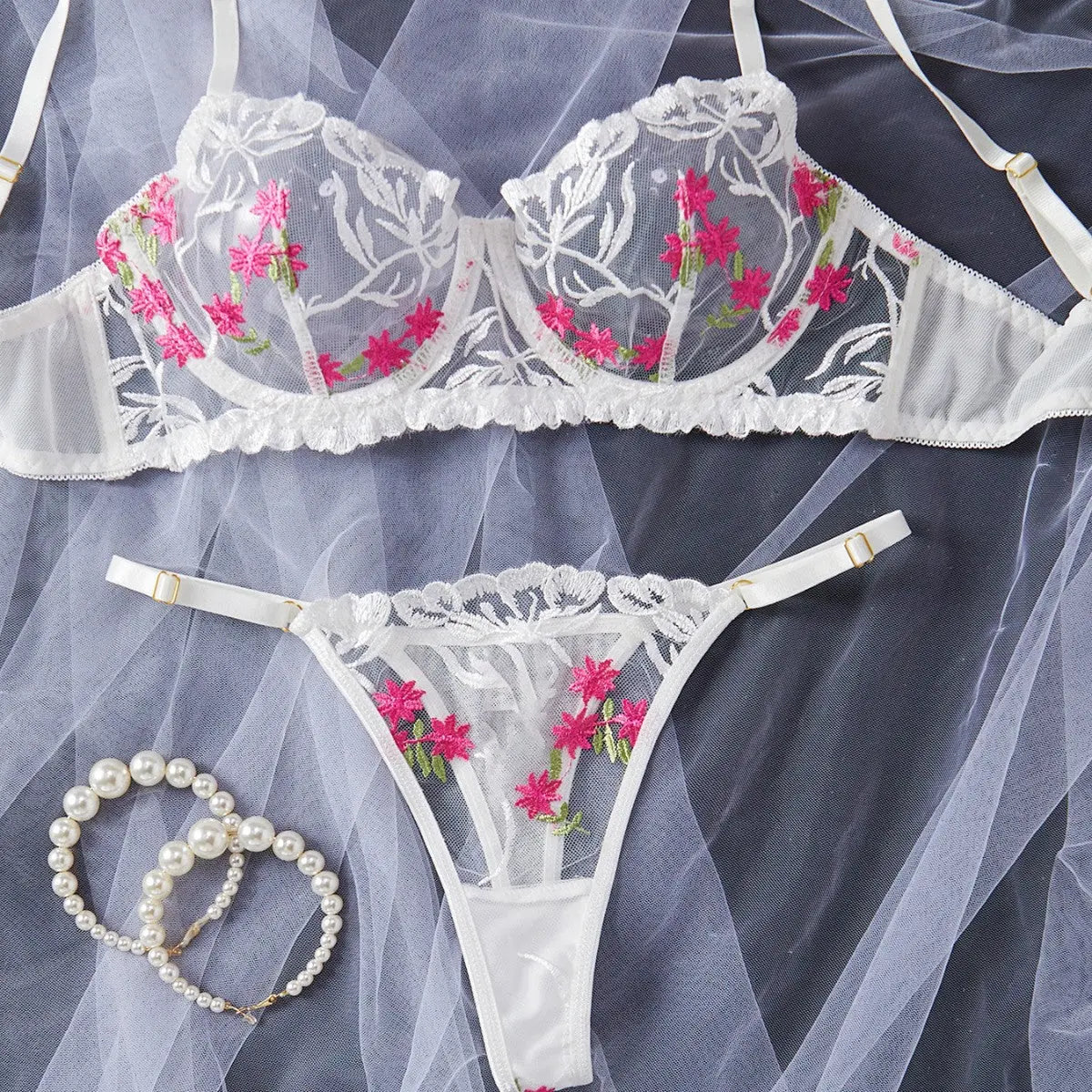 New European and American source sexy lingerie set pure desire series see-through gathered bra three-point panties mesh dress for women Alice Thong
