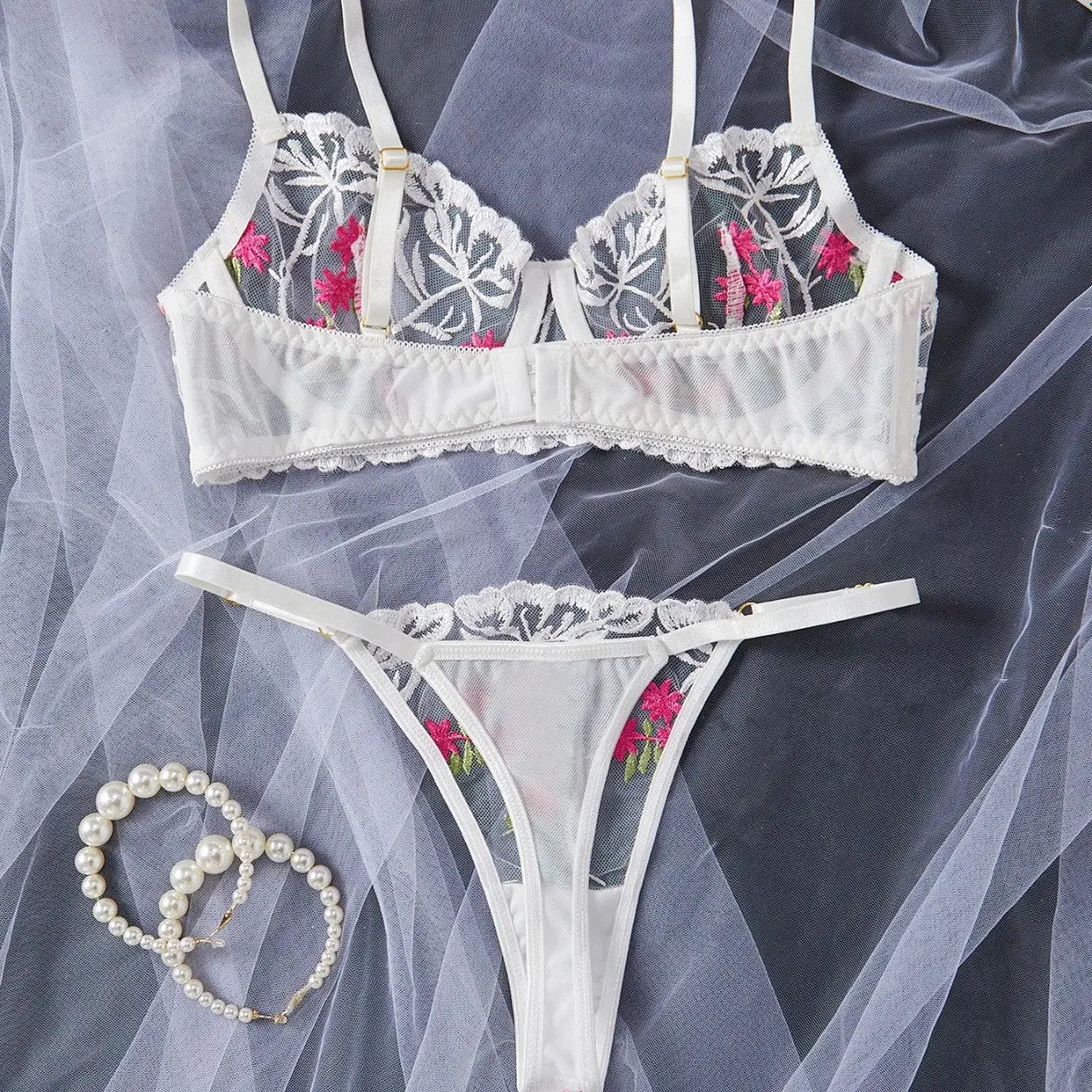 New European and American source sexy lingerie set pure desire series see-through gathered bra three-point panties mesh dress for women Alice Thong