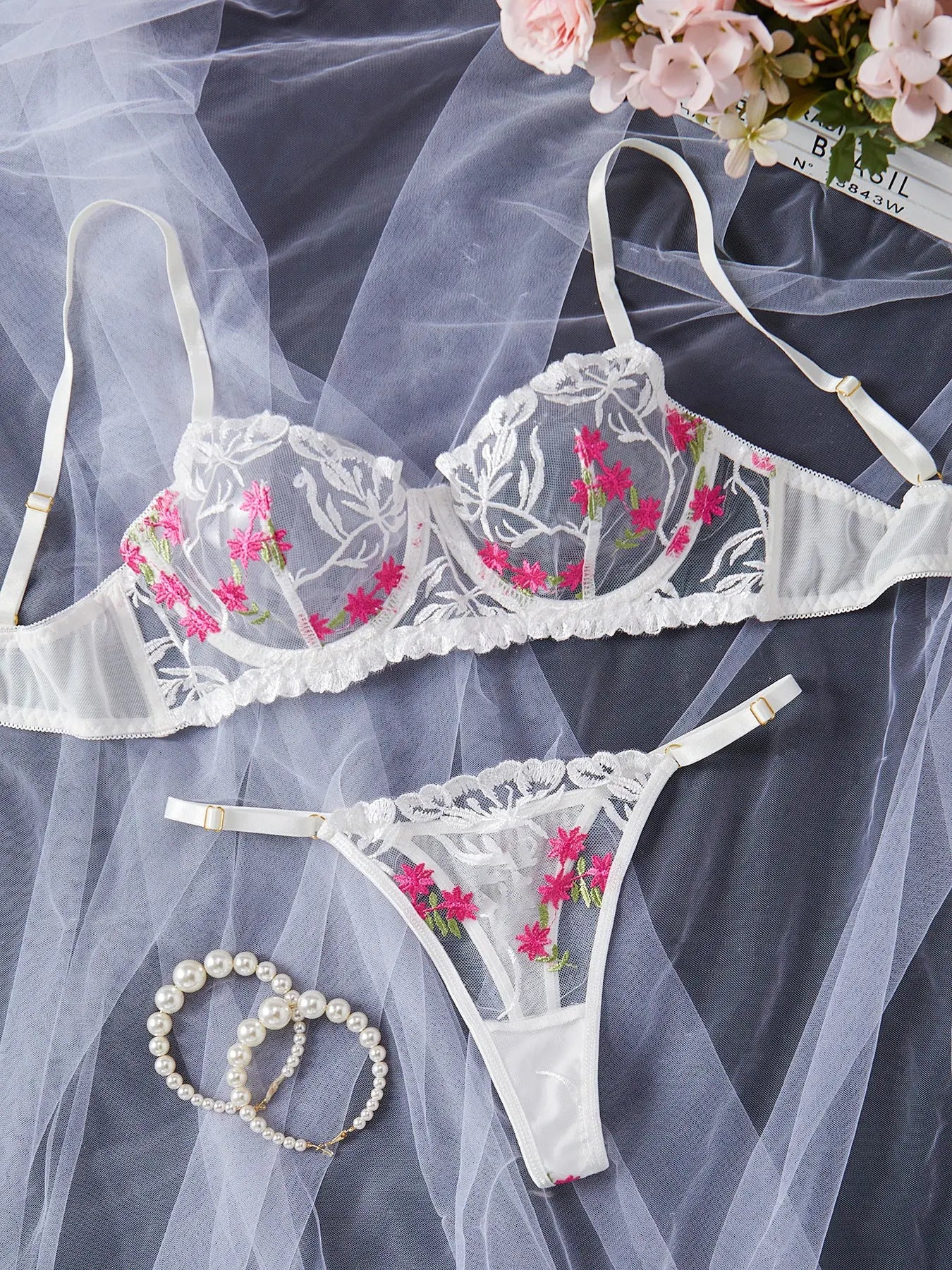 New European and American source sexy lingerie set pure desire series see-through gathered bra three-point panties mesh dress for women Alice Thong