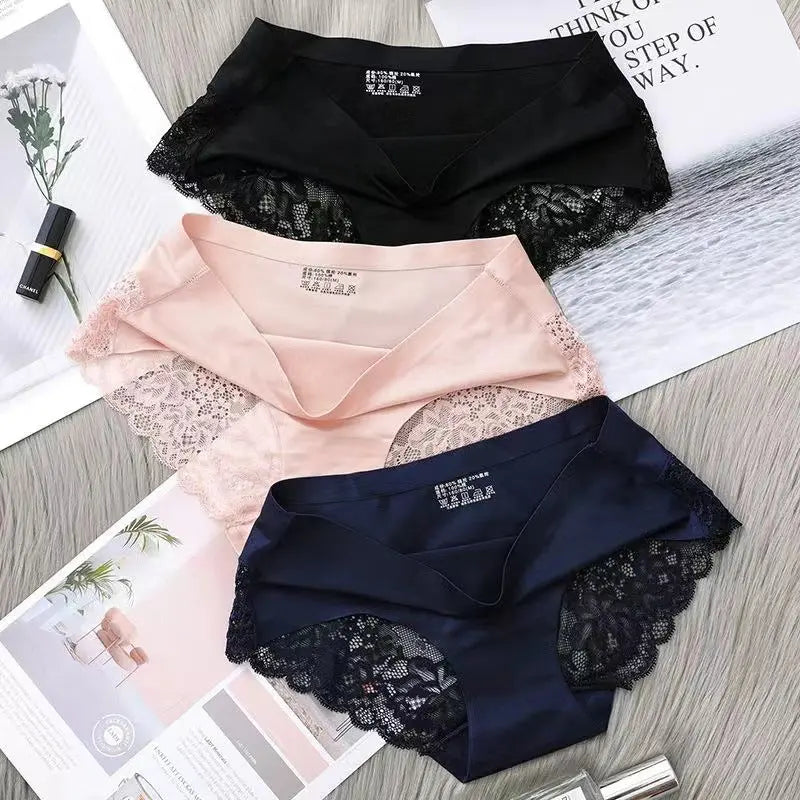 New ice silk lace panties for women mid-waist seamless cotton crotch skin-friendly large size sexy breathable ultra-thin young ladies briefs for women Alice Thong