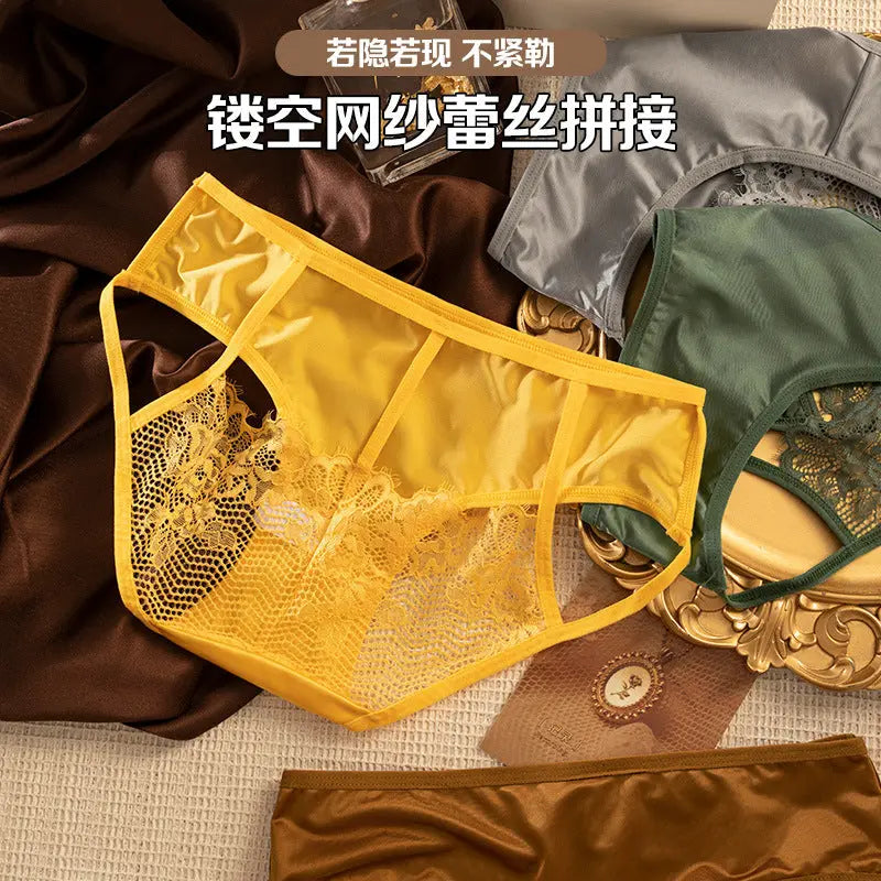 New lace breathable sexy satin women's triangle briefs semi-transparent luxury high-end pure cotton crotch panties for women Alice Thong