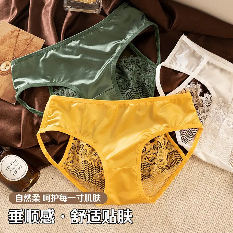 New lace breathable sexy satin women's triangle briefs semi-transparent luxury high-end pure cotton crotch panties for women Alice Thong